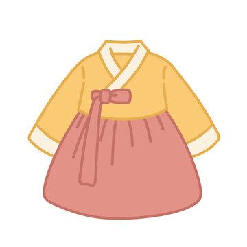 Korean girl hanbok dress with yellow jeogori top and pink chima skirt