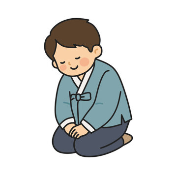 Korean man in blue hanbok kneeling for traditional new year sebae bow