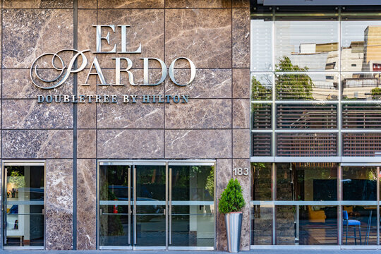 Lima, Peru - March 26, 2025: Main entrance and exterior facade of El Pardo DoubleTree by Hilton hotel in Miraflores, Lima
