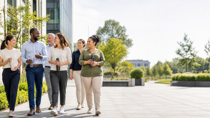 Fototapeta premium Smiling coworkers walk together outside a modern office building on a sunny day, carrying water bottles during a casual workplace break.