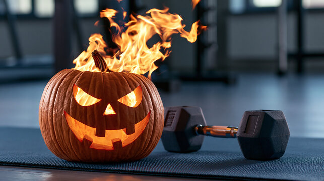 Flaming dumbbell and carved pumpkin on gym mat in dark fitness center, Halloween workout concept with glowing jack-o-lantern and heavy equipment for intensive sport training