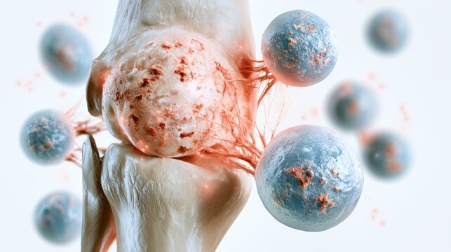 This diagram illustrates synovial inflammation in rheumatoid arthritis with a detailed cross-section of the joint and autoimmune cell infiltration.