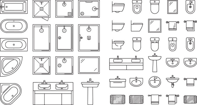 Set of bathroom furniture icons in top view for architectural floor plans and interior design projects