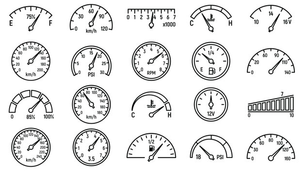 Vehicle Gauge & Meter Icon Set &ndash; Speedometer, Fuel, RPM, Voltage Line Icons