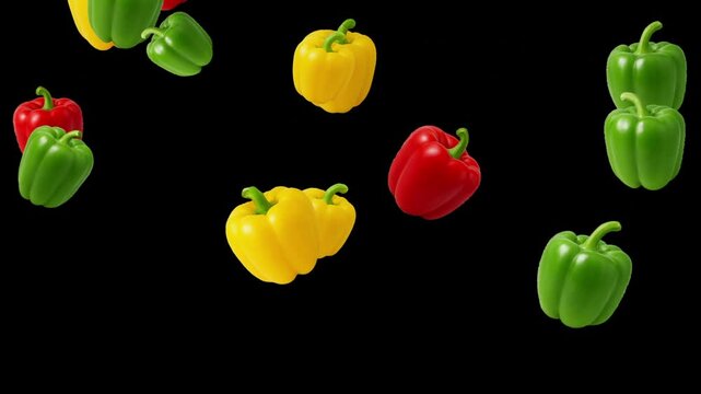 Falling colorful capsicums motion graphics with plain black background