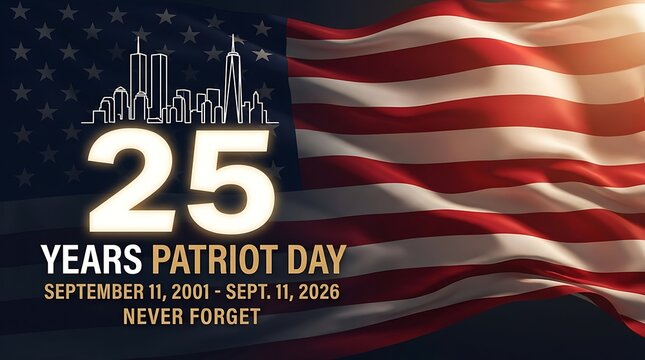 25 years patriot day anniversary september 11 2001 to 2026 text never forget with american flag and twin towers outline commemorating 9/11 for remembrance and historical displays.
