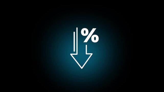 Financial decline and percentage decrease concept. neon downward arrow with a percentage sign, representing financial decline, economic downturn, decreasing interest rates, deflation