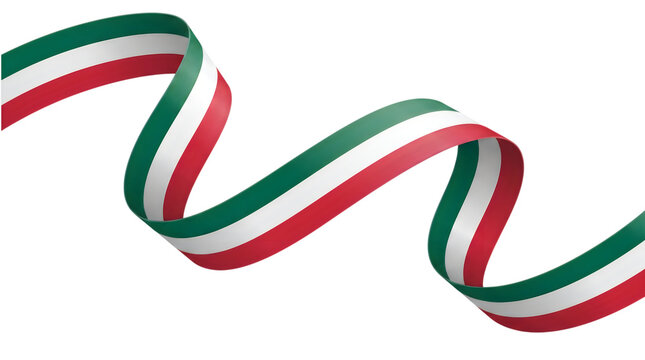 Mexican flag ribbon with green white and red stripes, wavy tricolor streamer, festive silk banner on white background