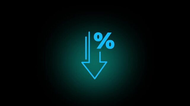 Financial decline and percentage decrease concept. neon downward arrow with a percentage sign, representing financial decline, economic downturn, decreasing interest rates, deflation