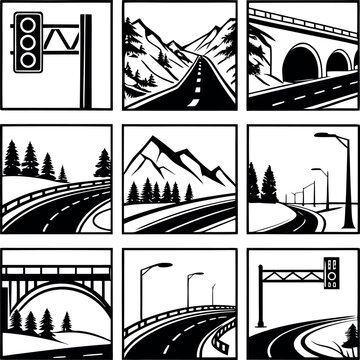 Black and white highway transport icons set. Motorway signs, tunnels, bridges, and traffic lights. Series for logistics, travel, road trip, and automotive infographic design.