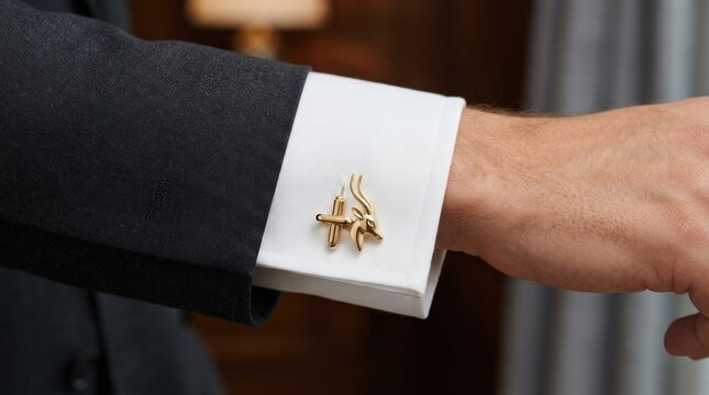 Close up of golden animal head cufflinks on suit.