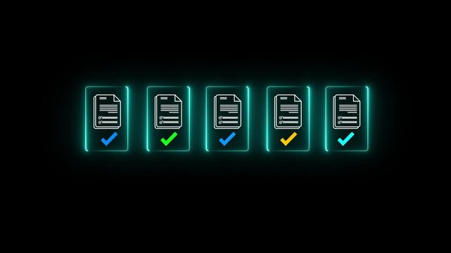 digital procurement workflow concept showing a hand selecting invoice documents with verification icons. Suitable for ERP software, B2B purchase management and paperless approval systems.4k