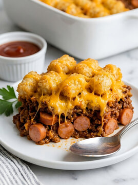 Delicious tater tot casserole with sausage and melted cheese
