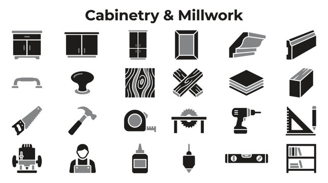 Set of cabinetry and millwork icons depicting woodworking tools furniture components and carpentry equipment for professional interior design and construction