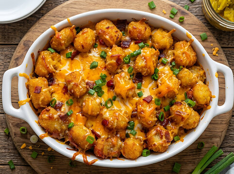 Baked tater tot casserole with melted cheese and bacon