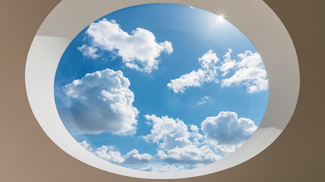 A circular window frame provides a clear view towards the bright blue sky filled with fluffy white cumulus clouds during a sunny afternoon while sunlight illuminates the interior wall around