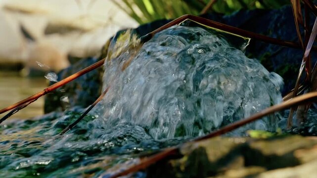 Close-up of pure bubbling water flowing over mossy rocks and reeds into a peaceful garden pond.