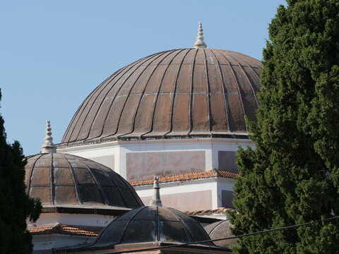 layered, lead-clad domes of the historic Suleymaniye Mosque (Mosque of Sultan Suleiman) in the medieval Old Town of Rhodes, Greece