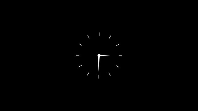 Time on clock is going fast. Black clock icon with moving arrows in 12 hour loop. Stopwatch animation. Alpha channel 4k video 