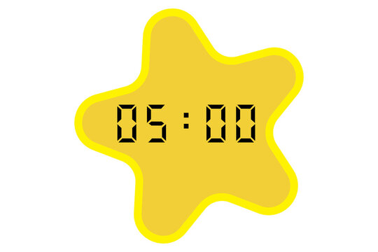 yellow star-shaped digital clock showing 05:00 on a white background