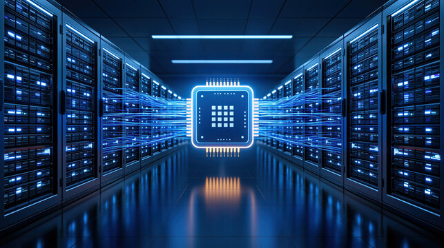 High performance computing facility with powerful server rack and glowing processor chip