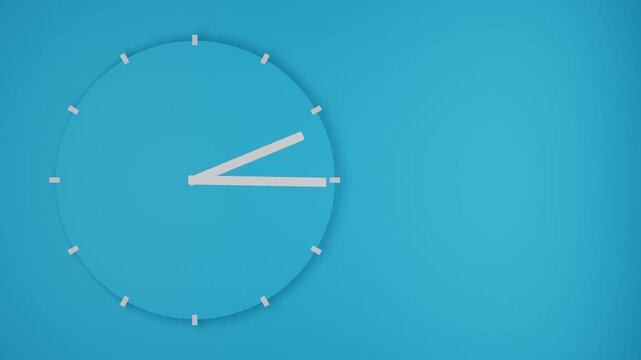 Ticking white hands on minimalist cyan wall clock face animation on blue background
