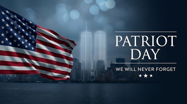 Patriot Day we will never forget featuring waving American flag and Twin Towers outline in New York City skyline symbolizing remembrance and national unity.