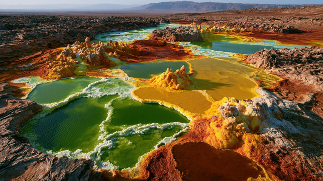 Aerial drone view of Dallol volcanic crater with vibrant mineral deposits and acidic pools in Ethiopia
