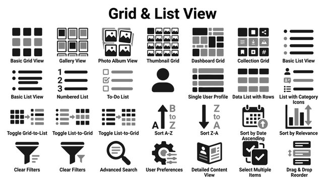 Set of UI interface icons for grid and list view layouts featuring sorting filtering and navigation elements for web and mobile application design