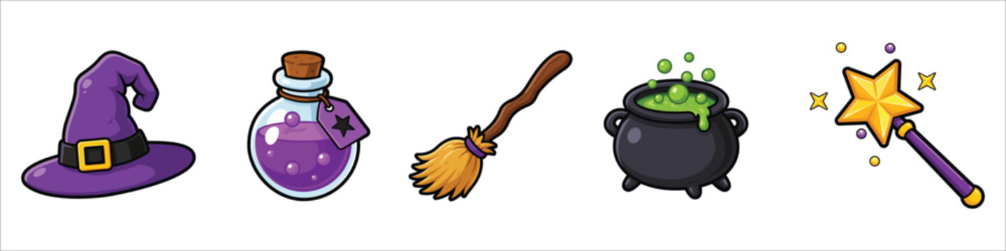 Halloween Witch Magic Objects Sticker Collection with Hat Potion Broom Cauldron and Wand Vector Set