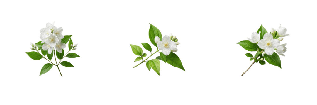 White Jasmine Flower Clipart Set Botanical Blossom Branch Green Leaves Floral PNG Overlays Spring Garden Wedding Invitation Background Decor Vector Design