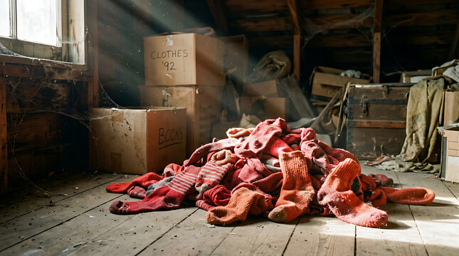 A pile of old red socks in a dusty attic with storage boxes and sunlight streaming through.