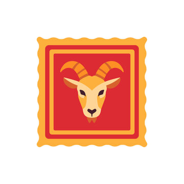 Goat zodiac seal icon with portrait frame, flat illustration