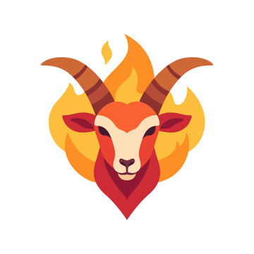 Flaming goat emblem icon with horns and fire, flat illustration