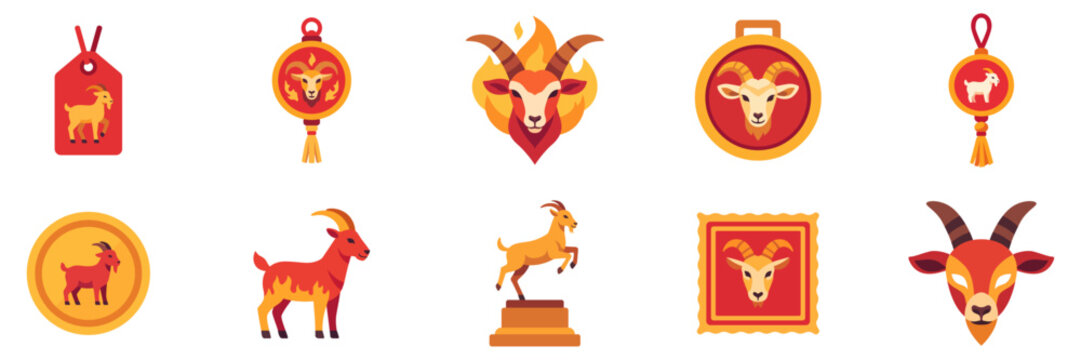Year of the Fire Goat icon set with zodiac symbols, flat illustrations