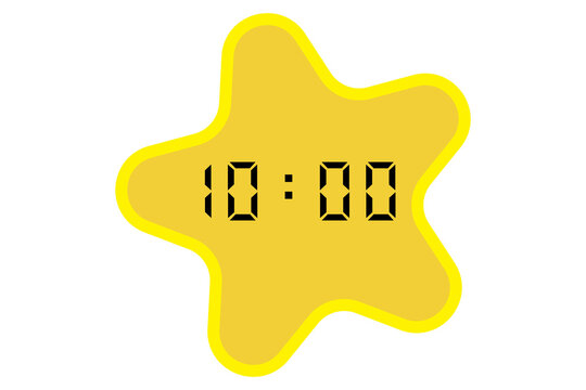 yellow star-shaped digital clock showing 10:00 on a white background