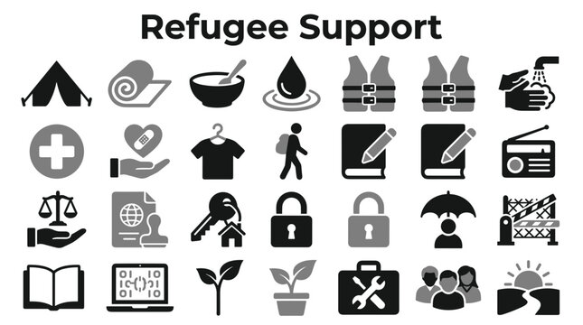 Refugee support services and humanitarian aid icons set