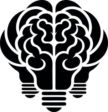 Black brain light bulb vector icon, silhouette of mind inside electric bulb, creative thinking symbol, innovation concept, stylized logo design for business and education