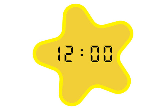 yellow star-shaped digital clock showing 12:00 on a white background