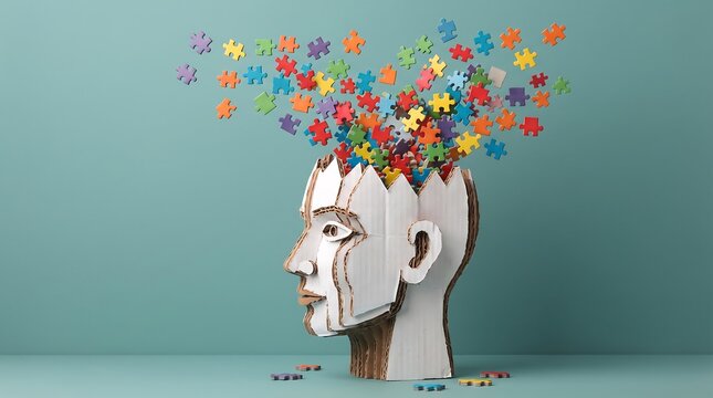 Abstract portrait of a woman with colorful fragmented pieces floating from her head