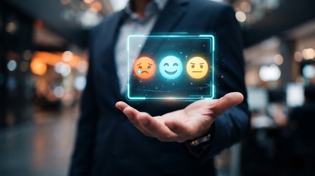Man holding a glowing digital screen displaying various facial expression icons