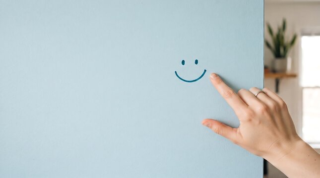 Childs hand reaching towards a paper face drawn on a pale blue wall