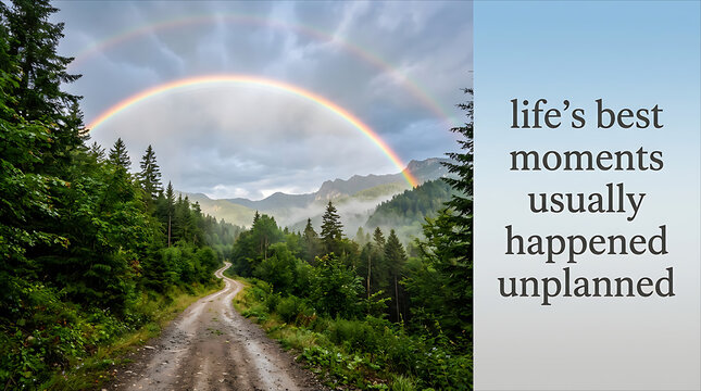 Scenic view of a lush green forest gravel road leading toward mountains with a vivid double rainbow in the sky, paired with a inspirational text quote about life.