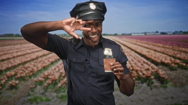 Man police officer in uniform holding coffee cup and making v sign by eye while smiling at street; playful morning break.