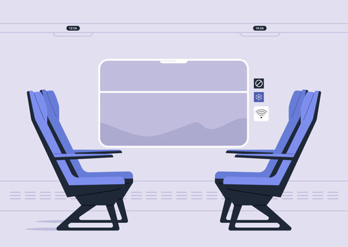 At a calm moment inside a modern train, sleek seats face a large window, The design reflects a smooth journey through scenic landscapes, Soft tones create a cozy vibe.