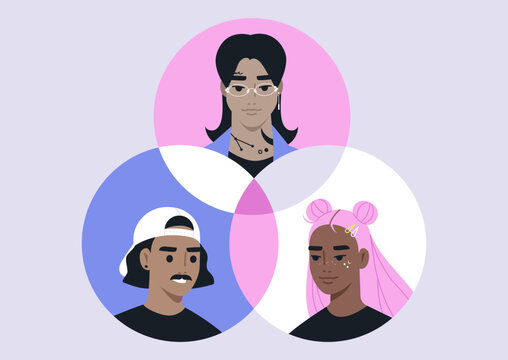 Three unique teens are featured in vibrant diagram portraits, showcasing their distinctive styles and personalities against a soft pastel background, Each character represents modern youth culture.