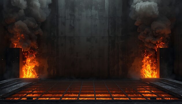 Industrial background featuring glowing fire flames and thick dark smoke.
