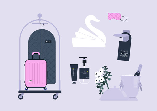 A charming hotel scene features a pink suitcase, delicate toiletries, a cozy sleep mask, and a vintage bell, all set against a soft backdrop, Perfect for relaxation and elegance