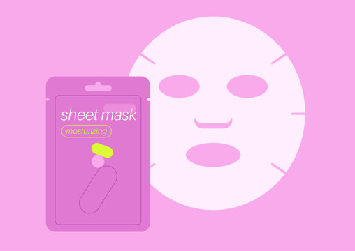 Colorful sheet mask unpacked invitingly, showcasing its moisturizing properties, The cheerful pink setting sets a relaxing mood for self-care moments.
