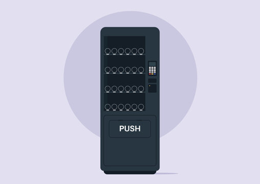 A vending machine sits empty and unused, its slots barren of snacks or beverages, A clear push sign invites curious customers to explore